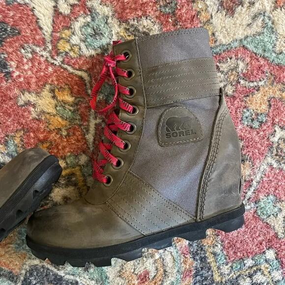 Sorel Women’s  7.5 Lexie Grey Taupe Pink Lace Up Wedge Boots Quarry NL3046-052 - Picture 3 of 8